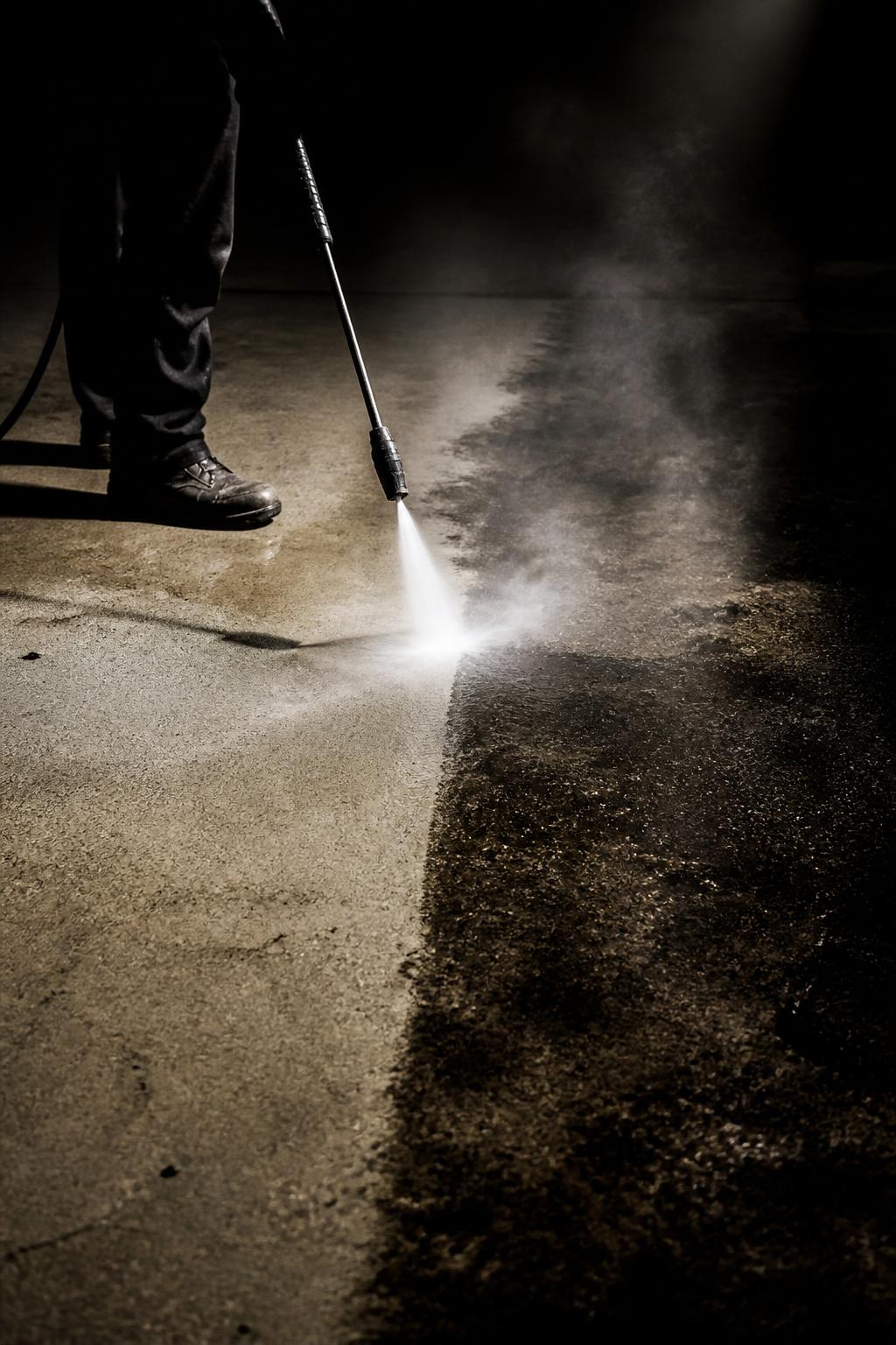 Pressure washer blasting grime off dark pavement